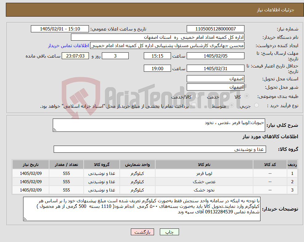 تصویر کوچک آگهی نیاز کالا-حبوبات:لوبیا قرمر ،عدس ، نخود
