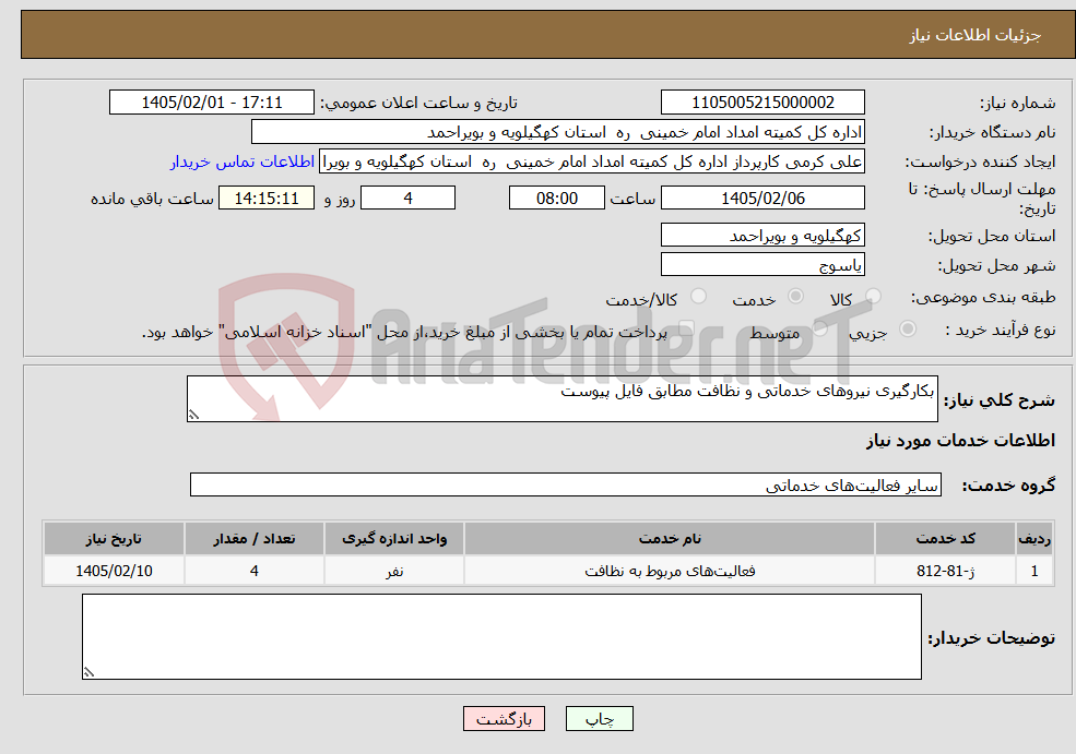 تصویر کوچک آگهی نیاز خدمات-بکارگیری نیروهای خدماتی و نظافت مطابق فایل پیوست