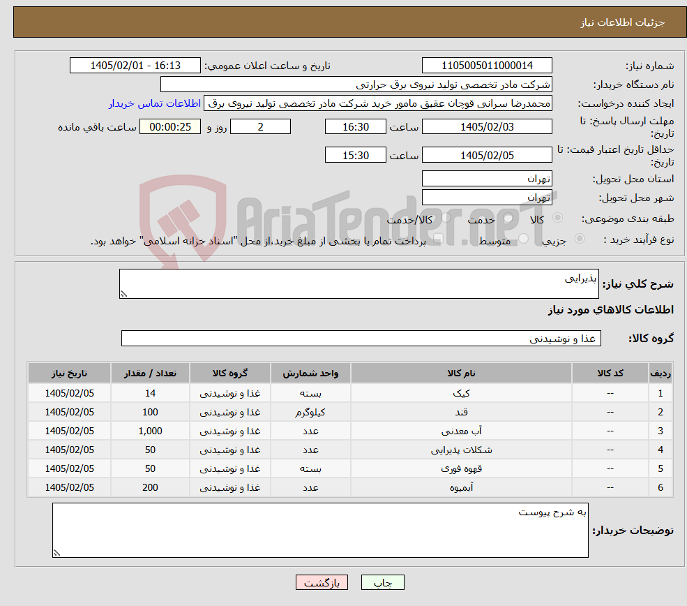 تصویر کوچک آگهی نیاز کالا-پذیرایی