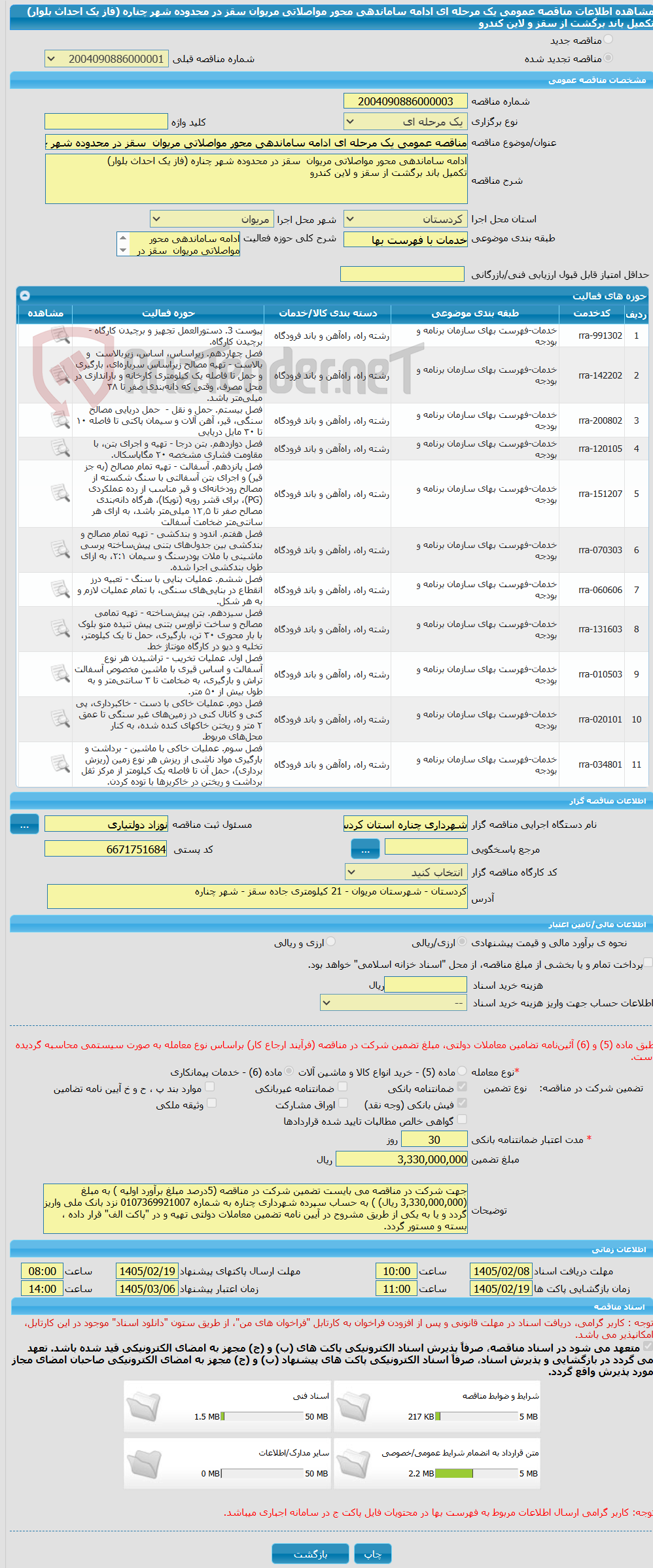 تصویر کوچک آگهی مناقصه عمومی یک مرحله ای ادامه ساماندهی محور مواصلاتی مریوان  سقز در محدوده شهر چناره (فاز یک احداث بلوار) تکمیل باند برگشت از سقز و لاین کندرو