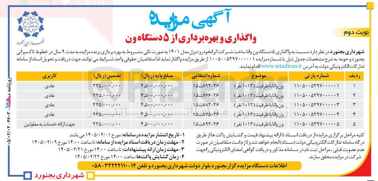 تصویر کوچک آگهی واگذاری ۵ دستگاه ون وانا
