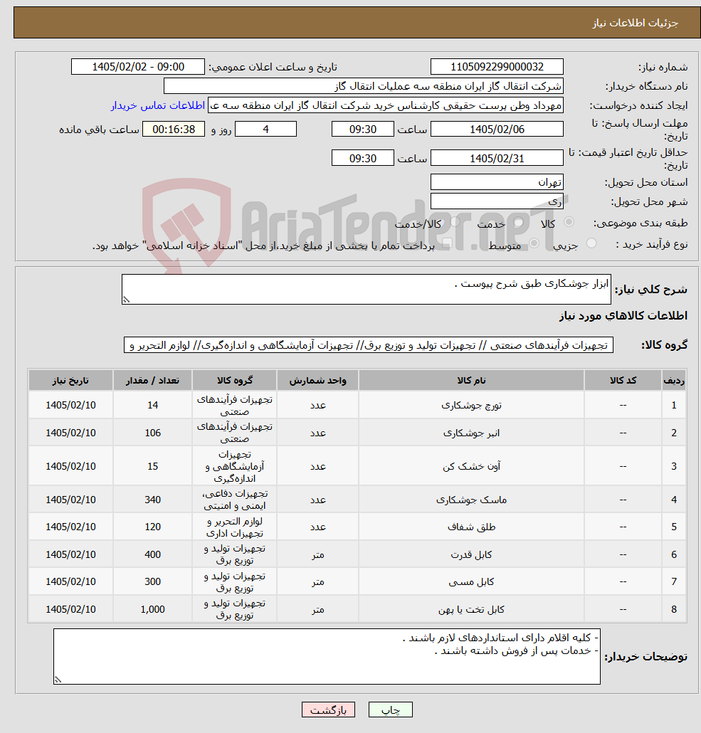 تصویر کوچک آگهی نیاز کالا-ابزار جوشکاری طبق شرح پیوست .