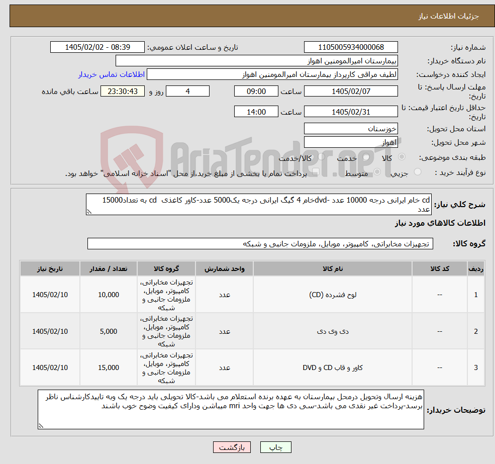 تصویر کوچک آگهی نیاز کالا-cd خام ایرانی درجه 10000 عدد -dvdخام 4 گیگ ایرانی درجه یک5000 عدد-کاور کاغذی cd به تعداد15000 عدد