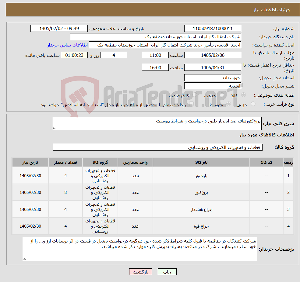 تصویر کوچک آگهی نیاز کالا-پروژکتورهای ضد انفجار طبق درخواست و شرایط پیوست