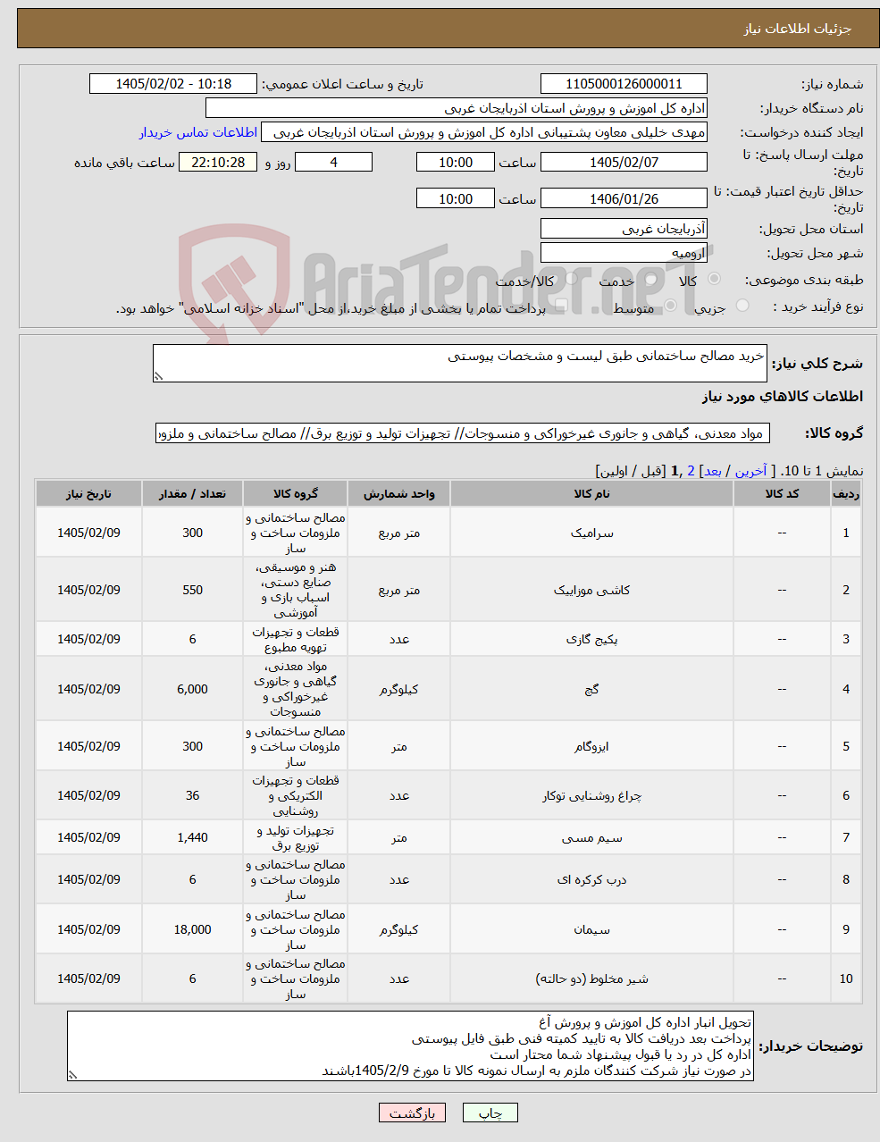 تصویر کوچک آگهی نیاز کالا-خرید مصالح ساختمانی طبق لیست و مشخصات پیوستی