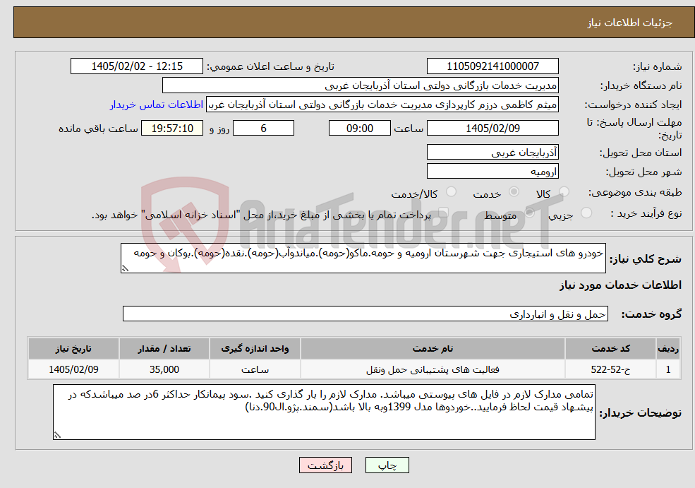 تصویر کوچک آگهی نیاز خدمات-خودرو های استیجاری جهت شهرستان ارومیه و حومه.ماکو(حومه).میاندوآب(حومه).نقده(حومه).بوکان و حومه