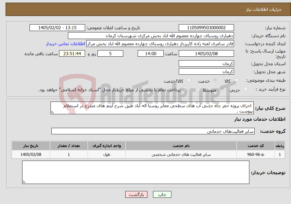 تصویر کوچک آگهی نیاز خدمات- اجرای پروژه حفر چاه جذبی آب های سطحی معابر روستا اله آباد طبق شرح آیتم های مندرج در استعلام پیوست .