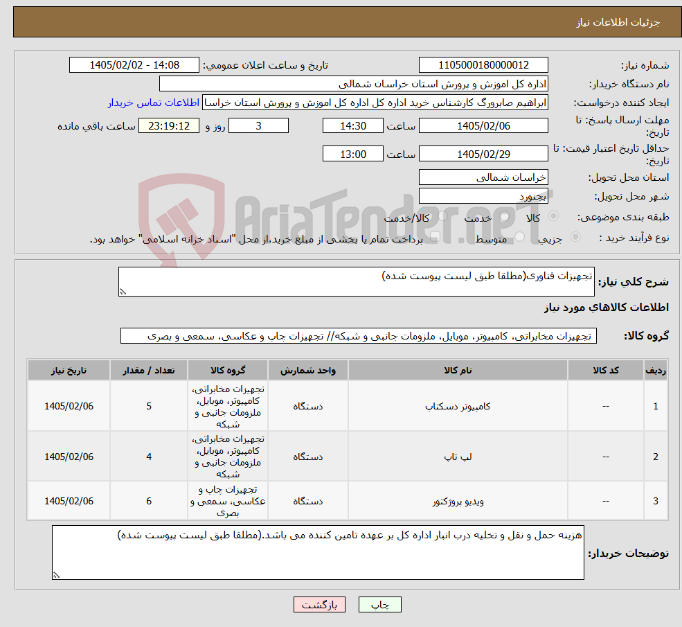 تصویر کوچک آگهی نیاز کالا-تجهیزات فناوری(مطلقا طبق لیست پیوست شده)