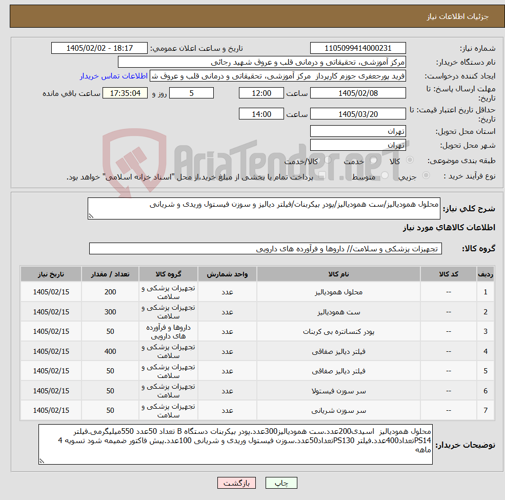 تصویر کوچک آگهی نیاز کالا-محلول همودیالیز/ست همودیالیز/پودر بیکربنات/فیلتر دیالیز و سوزن فیستول وریدی و شریانی