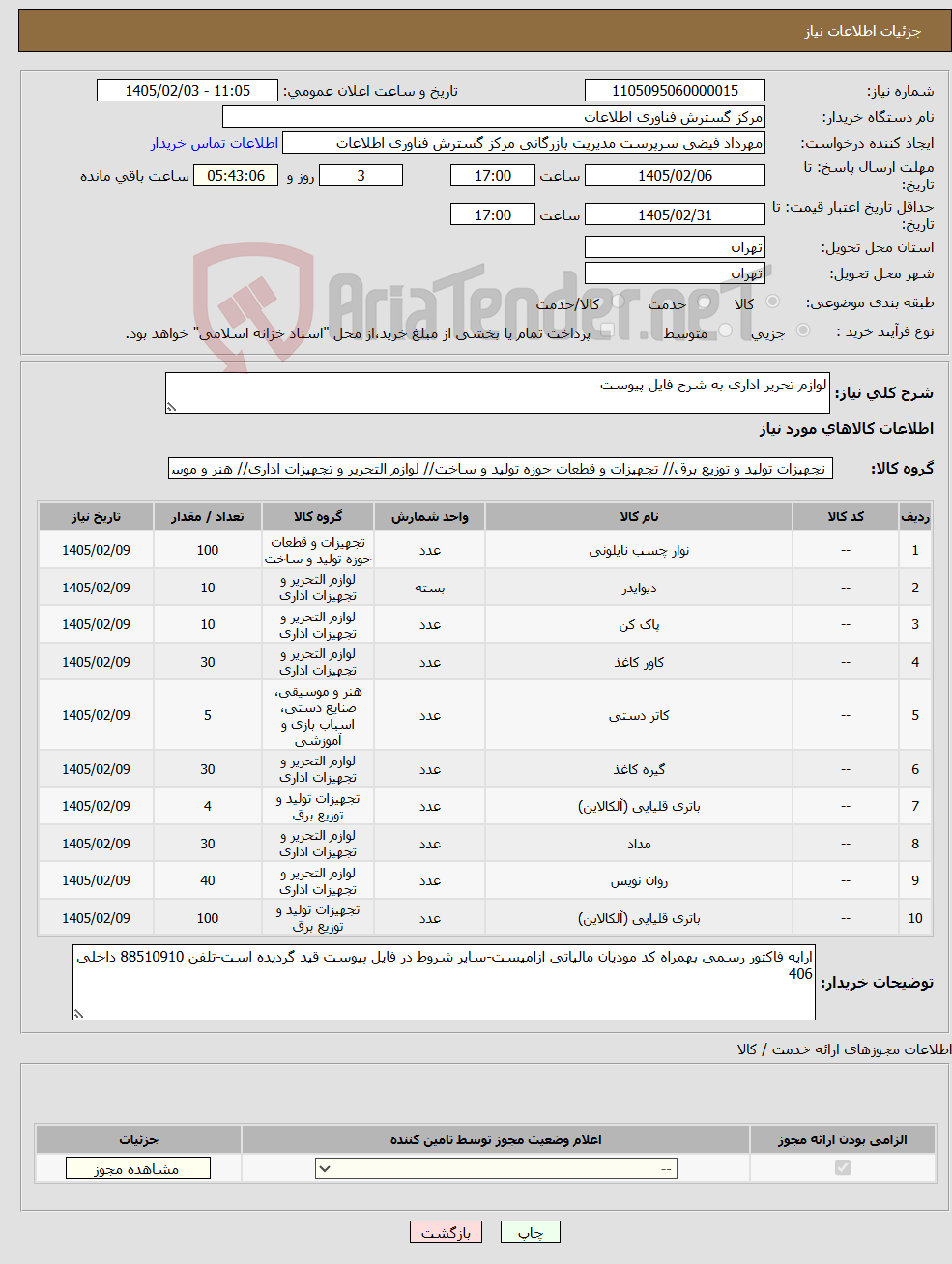 تصویر کوچک آگهی نیاز کالا-لوازم تحریر اداری به شرح فایل پیوست