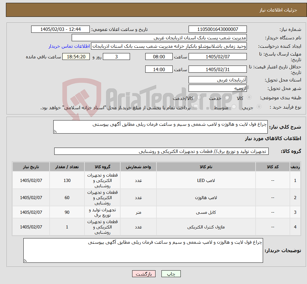 تصویر کوچک آگهی نیاز کالا-چراغ فول لایت و هالوژن و لامپ شمعی و سیم و ساعت فرمان ریلی مطابق آگهی پیوستی 