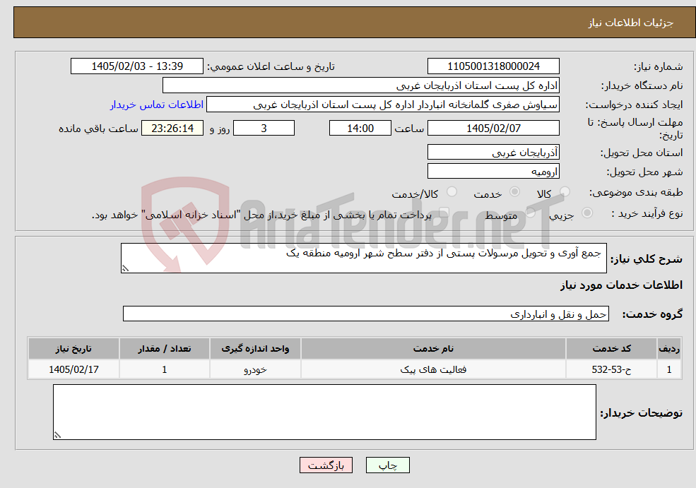 تصویر کوچک آگهی نیاز خدمات- جمع آوری و تحویل مرسولات پستی از دفتر سطح شهر ارومیه منطقه یک 