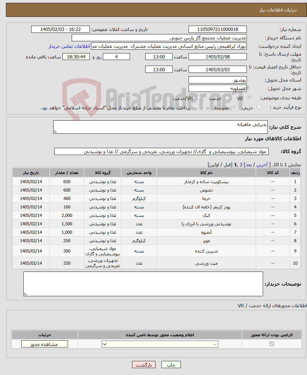 تصویر کوچک آگهی نیاز کالا-پذیرایی ماهیانه