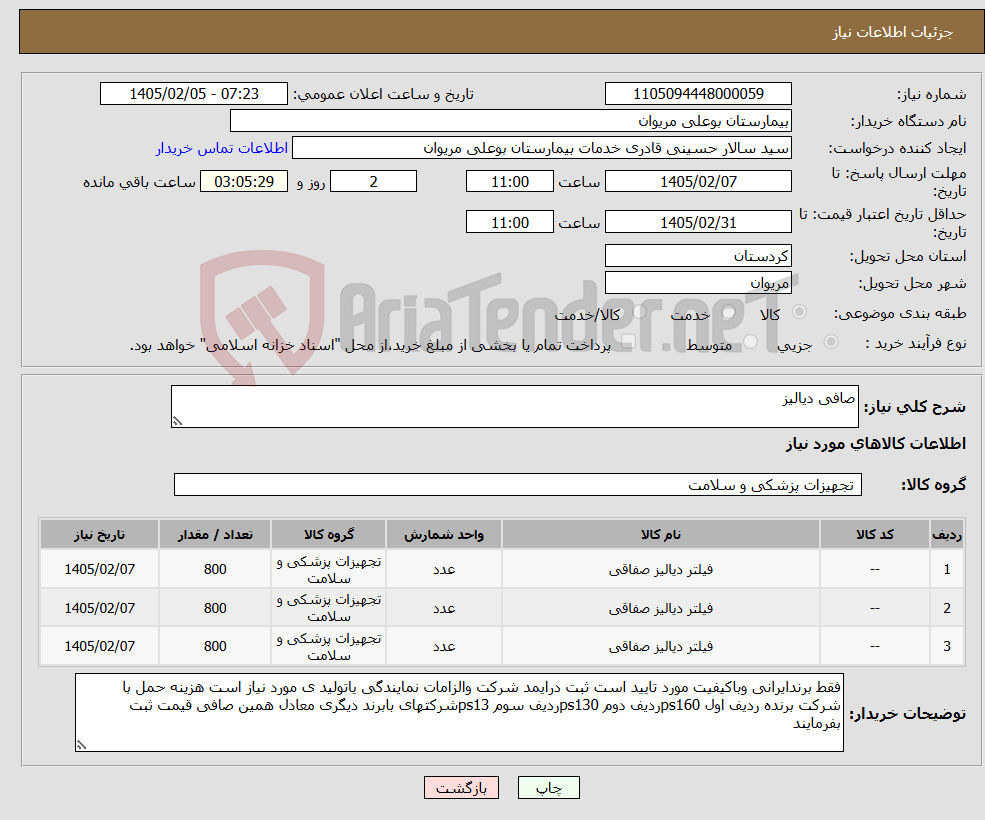 تصویر کوچک آگهی نیاز کالا-صافی دیالیز