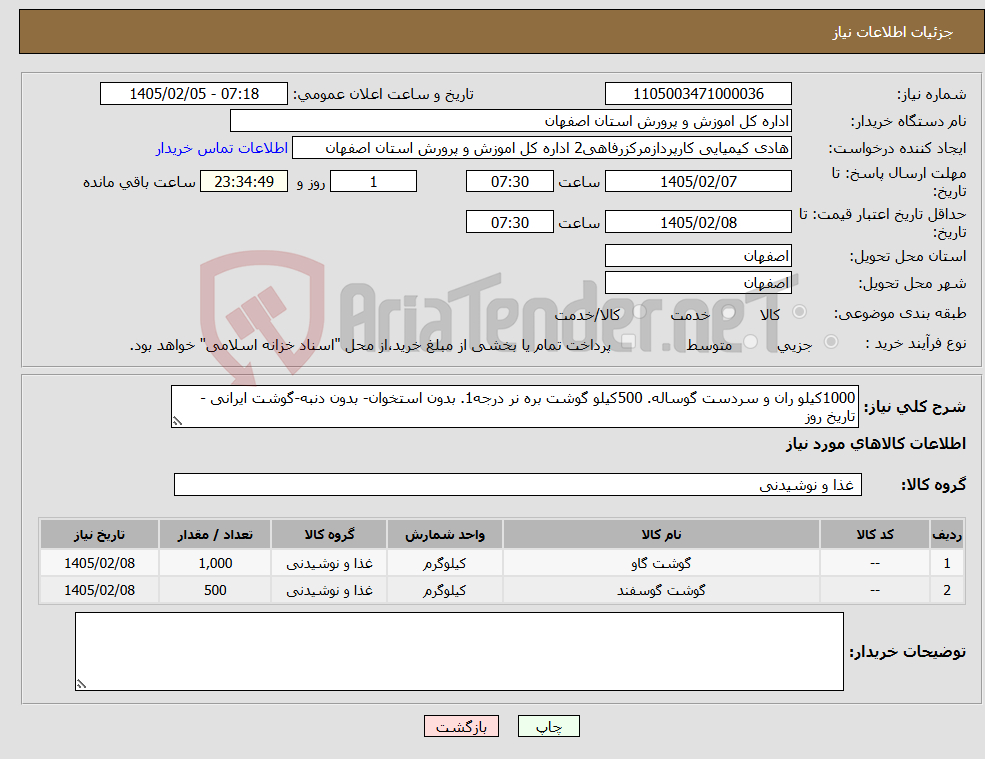 تصویر کوچک آگهی نیاز کالا-1000کیلو ران و سردست گوساله. 500کیلو گوشت بره نر درجه1. بدون استخوان- بدون دنبه-گوشت ایرانی - تاریخ روز