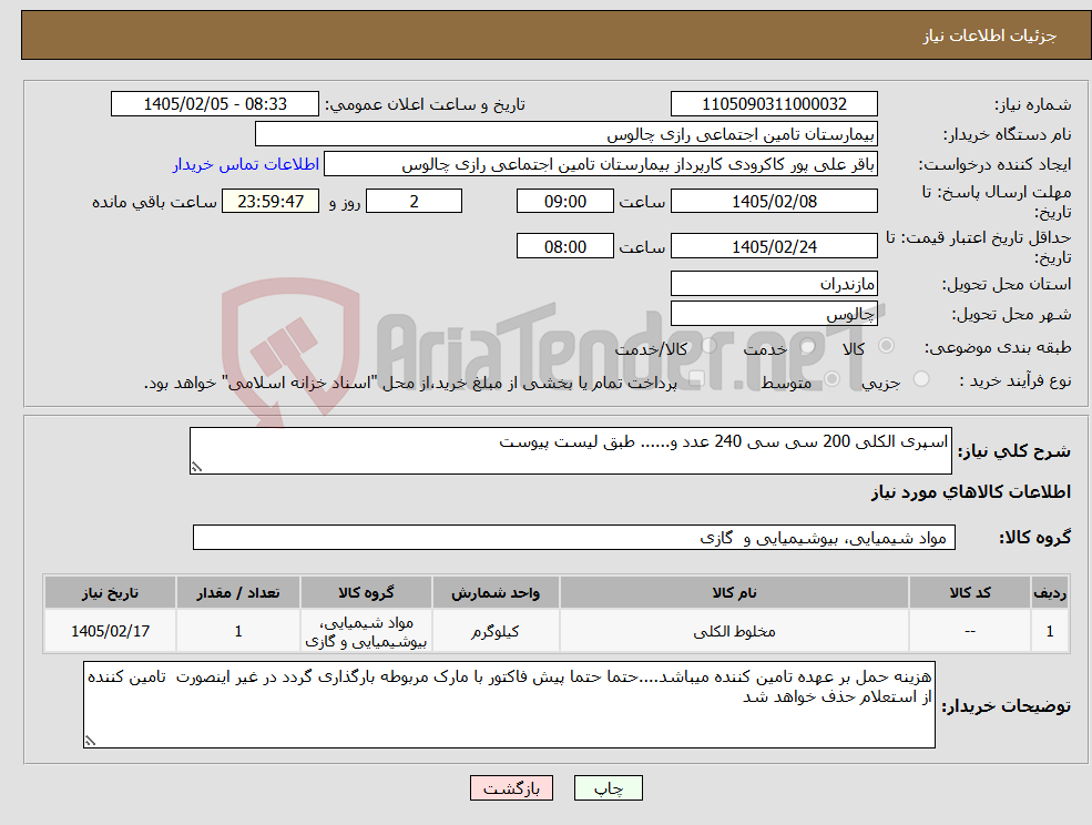 تصویر کوچک آگهی نیاز کالا-اسپری الکلی 200 سی سی 240 عدد و...... طبق لیست پیوست