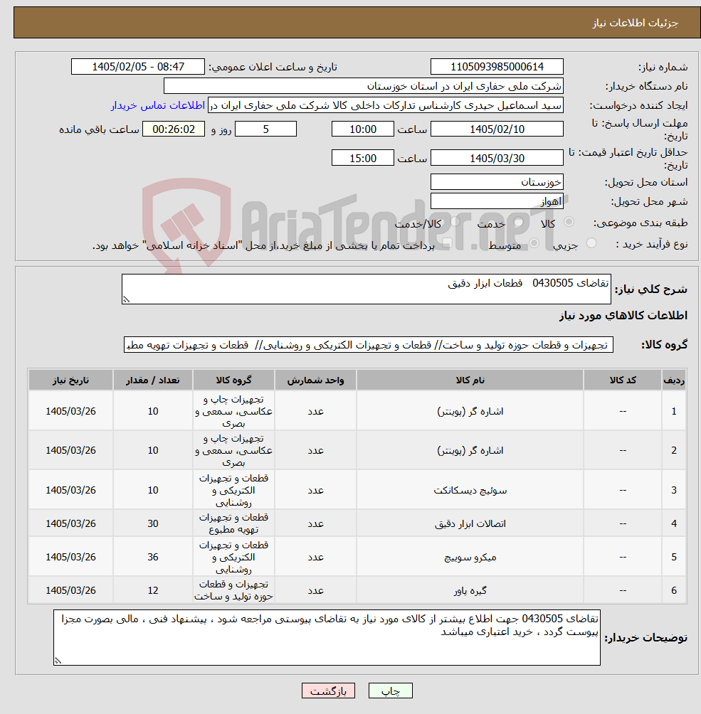 تصویر کوچک آگهی نیاز کالا-تقاضای 0430505 قطعات ابزار دقیق