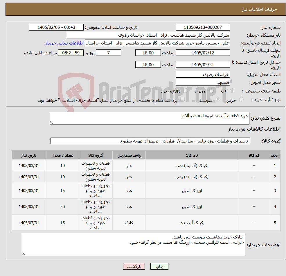 تصویر کوچک آگهی نیاز کالا-خرید قطعات آب بند مربوط به شیرآلات