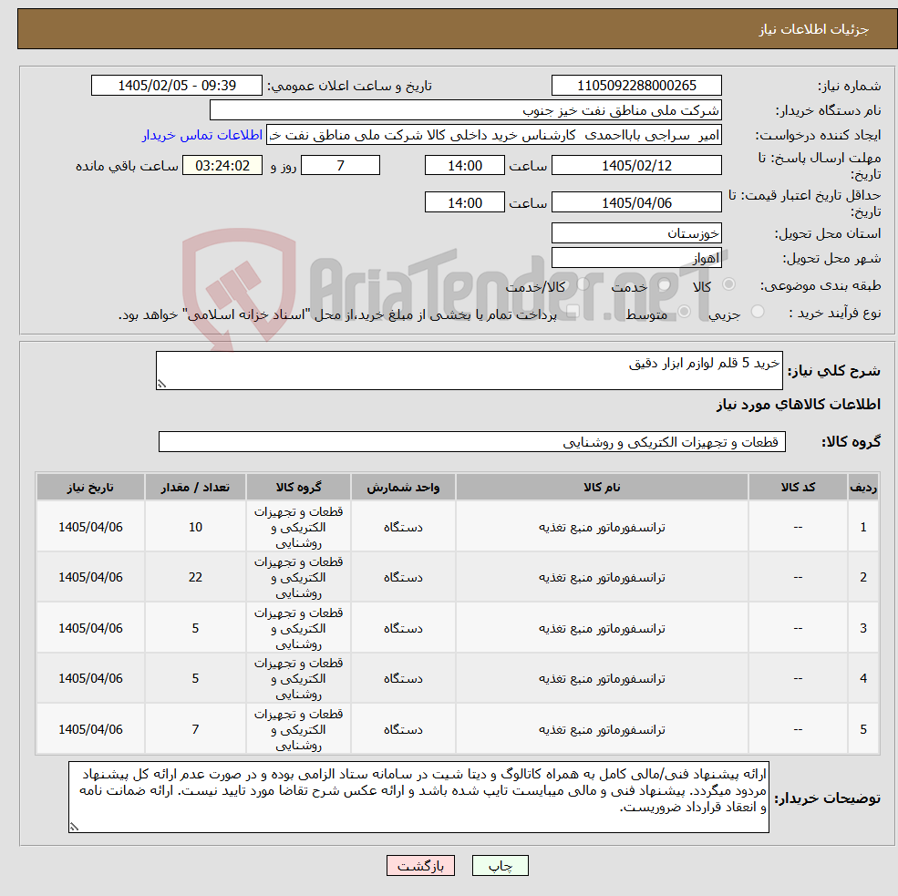 تصویر کوچک آگهی نیاز کالا-خرید 5 قلم لوازم ابزار دقیق 