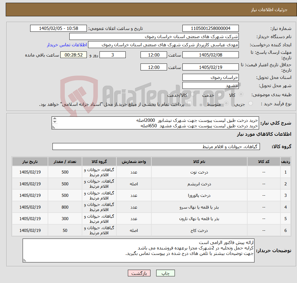 تصویر کوچک آگهی نیاز کالا-خرید درخت طبق لیست پیوست جهت شهرک نیشابور 2000اصله خرید درخت طبق لیست پیوست جهت شهرک مشهد 650اصله