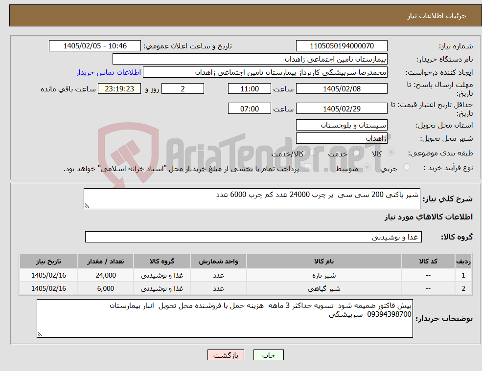 تصویر کوچک آگهی نیاز کالا-شیر پاکتی 200 سی سی پر چرب 24000 عدد کم چرب 6000 عدد