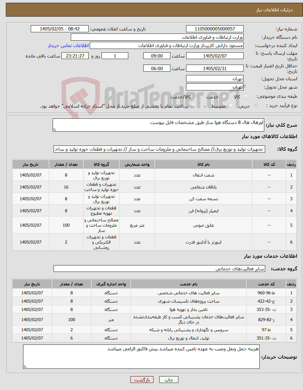 تصویر کوچک آگهی نیاز خدمت/کالا-اورهال هال 8 دستگاه هوا ساز طبق مشخصات فایل پیوست