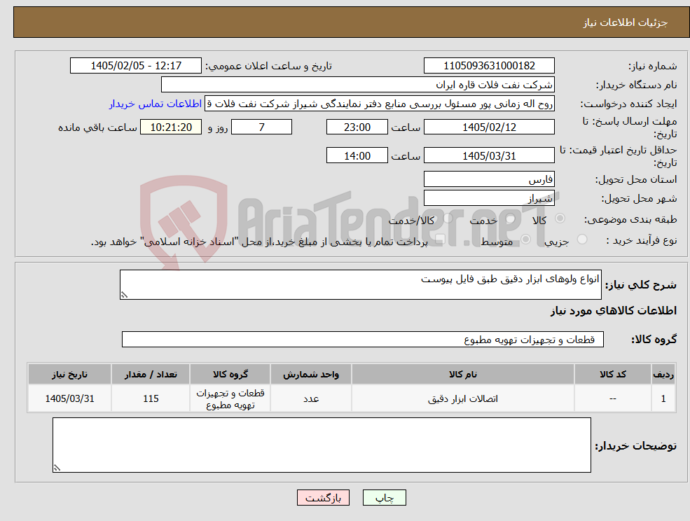 تصویر کوچک آگهی نیاز کالا-انواع ولوهای ابزار دقیق طبق فایل پیوست
