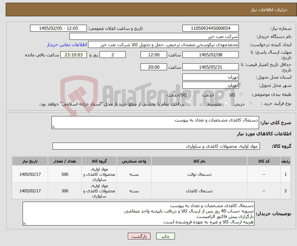تصویر کوچک آگهی نیاز کالا-دستمال کاغذی مشخصات و تعداد به پیوست