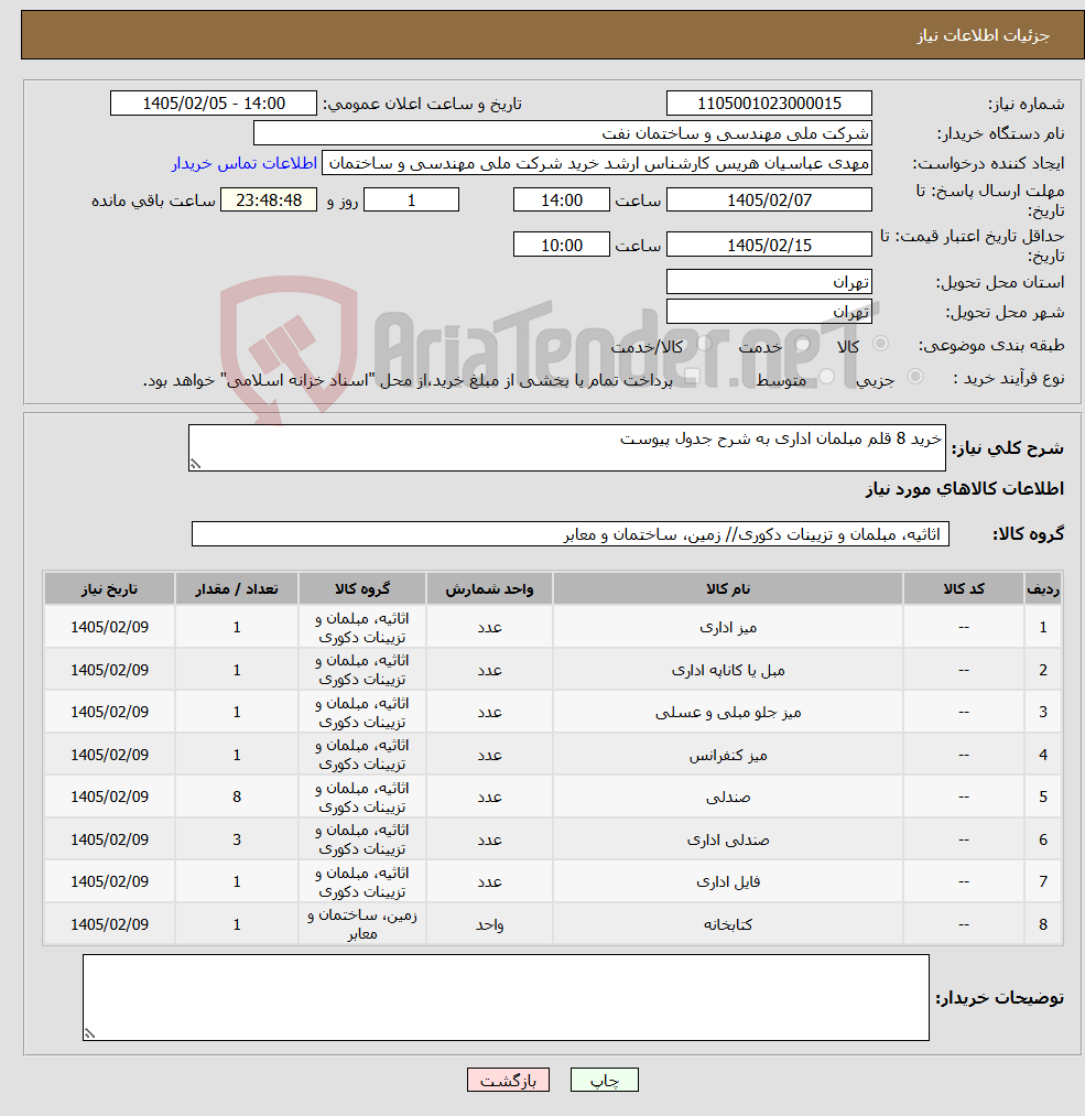 تصویر کوچک آگهی نیاز کالا-خرید 8 قلم مبلمان اداری به شرح جدول پیوست