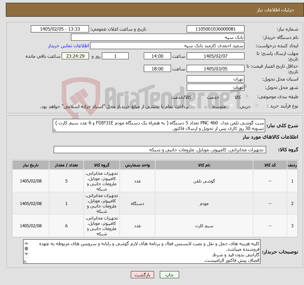 تصویر کوچک آگهی نیاز کالا-ست گوشی تلفن مدل PNC 460 تعداد 5 دستگاه ( به همراه یک دستگاه مودم FDIF31E و 6 عدد سیم کارت ) تسویه 30 روز کاری پس از تحویل و ارسال فاکتور.