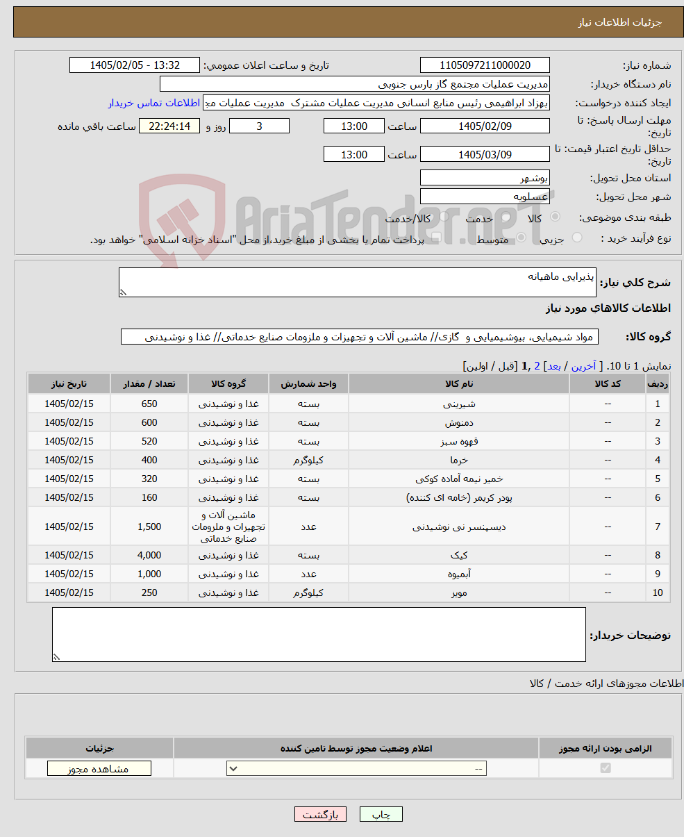 تصویر کوچک آگهی نیاز کالا-پذیرایی ماهیانه