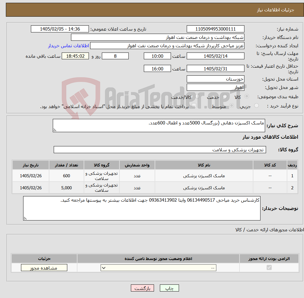 تصویر کوچک آگهی نیاز کالا-ماسک اکسیژن دهانی (بزرگسال 5000عدد و اطفال 600عدد.