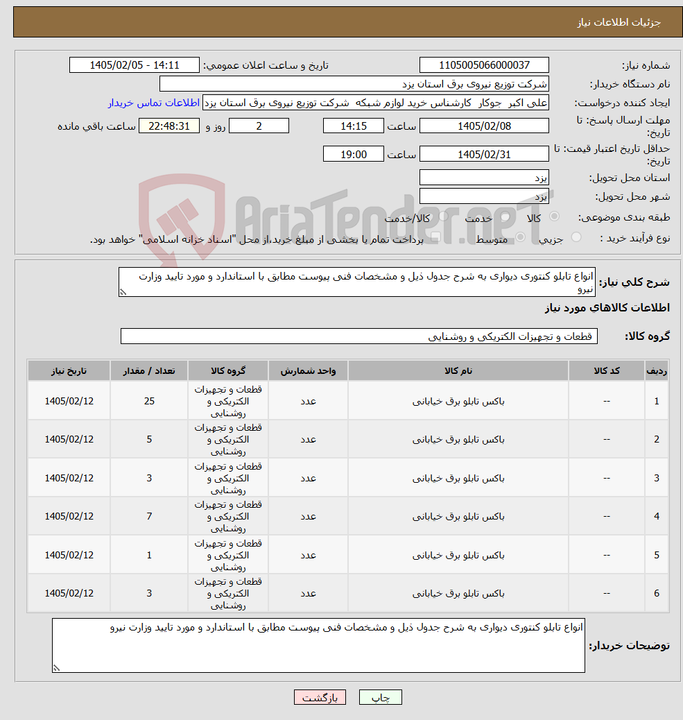 تصویر کوچک آگهی نیاز کالا-انواع تابلو کنتوری دیواری به شرح جدول ذیل و مشخصات فنی پیوست مطابق با استاندارد و مورد تایید وزارت نیرو