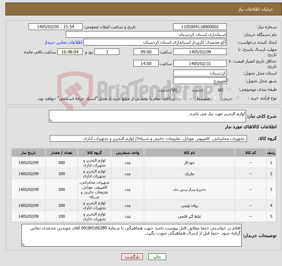 تصویر کوچک آگهی نیاز کالا-لوازم التحریر مورد نیاز می باشد.