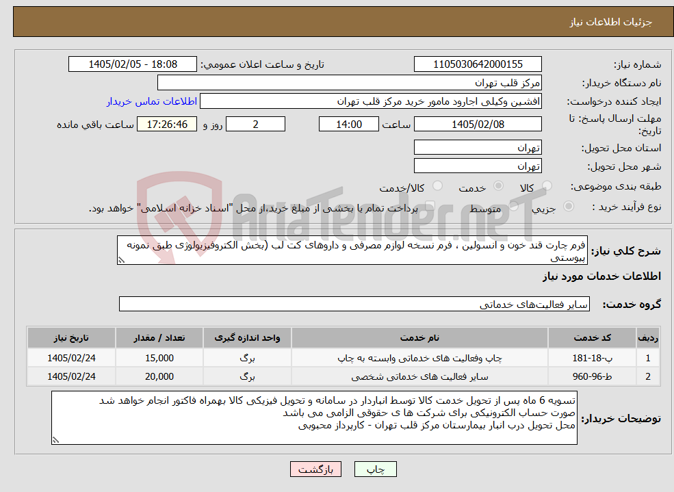 تصویر کوچک آگهی نیاز خدمات-فرم چارت قند خون و انسولین ، فرم نسخه لوازم مصرفی و داروهای کت لب (بخش الکتروفیزیولوژی طبق نمونه پیوستی