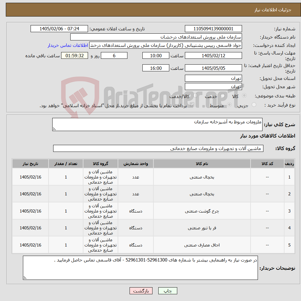 تصویر کوچک آگهی نیاز کالا-ملزومات مربوط به آشپزخانه سازمان