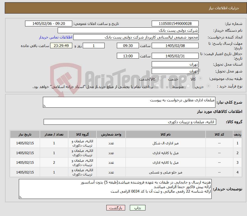 تصویر کوچک آگهی نیاز کالا-مبلمان اداری مطابق درخواست به پیوست