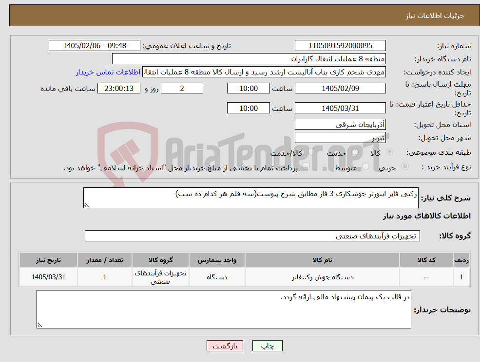 تصویر کوچک آگهی نیاز کالا-رکتی فایر اینورتر جوشکاری 3 فاز مطابق شرح پیوست(سه قلم هر کدام ده ست)