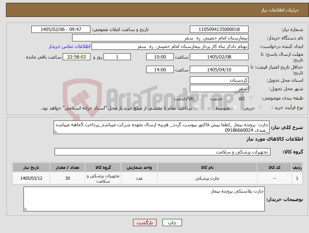 تصویر کوچک آگهی نیاز کالا-چارت پرونده بیمار _لطفا پیش فاکتور پیوست گردد_ هزینه ارسال بعهده شرکت میباشد_پرداخت 5ماهه میباشد _عبدی 09186660024