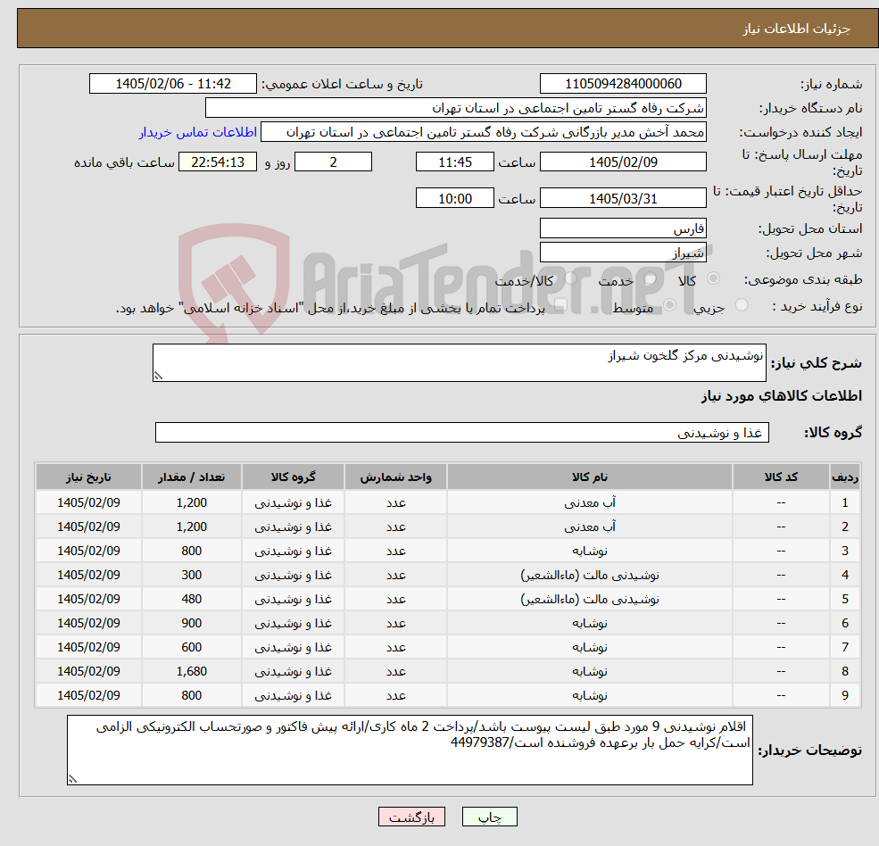 تصویر کوچک آگهی نیاز کالا-نوشیدنی مرکز گلخون شیراز