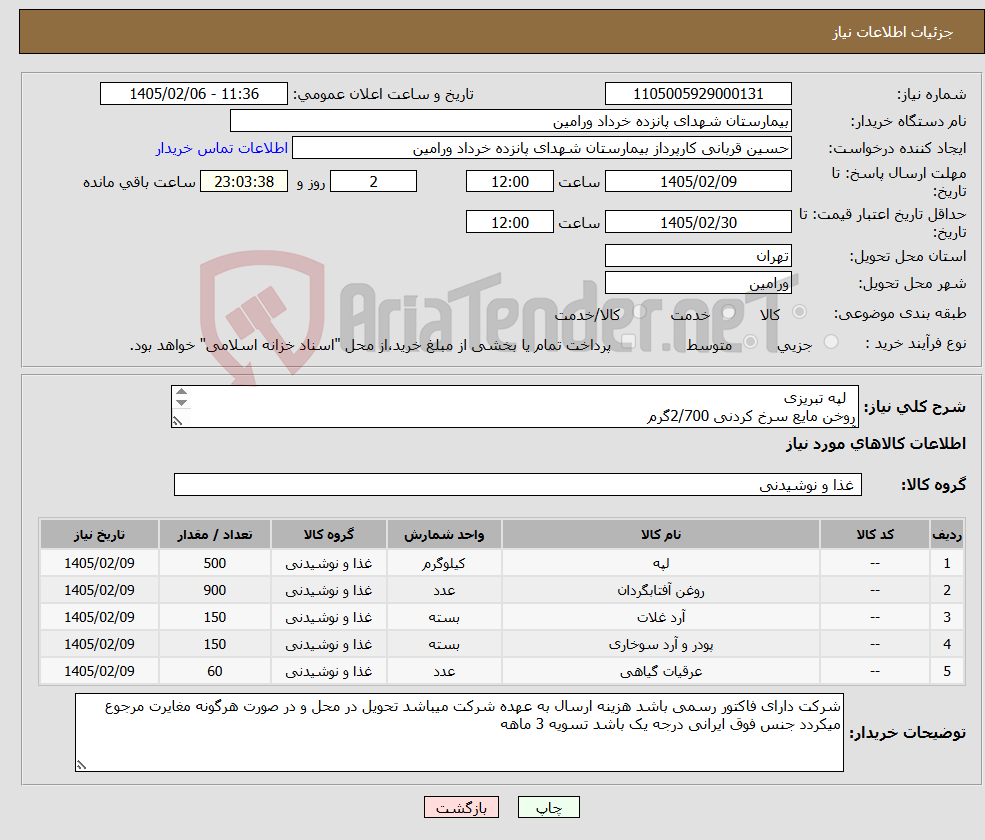 تصویر کوچک آگهی نیاز کالا- لپه تبریزی روخن مایع سرخ کردنی 2/700گرم آرد برنج 200 گرم آرد سوخاری 200 گرم گلاب نیم لیتر