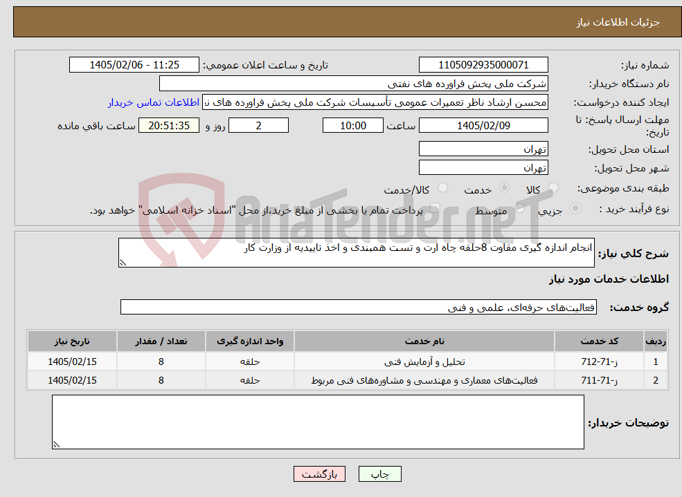 تصویر کوچک آگهی نیاز خدمات-انجام اندازه گیری مقاوت 8حلقه چاه ارت و تست همبندی و اخذ تاییدیه از وزارت کار
