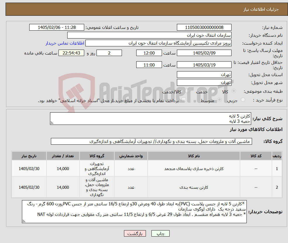 تصویر کوچک آگهی نیاز کالا-کارتن 5 لایه جعبه 3 لایه 