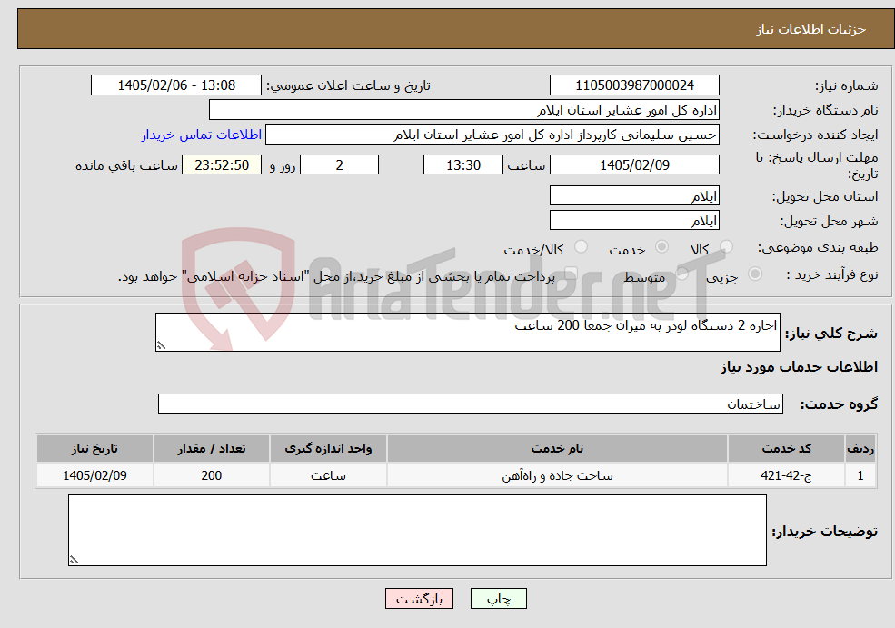 تصویر کوچک آگهی نیاز خدمات-اجاره 2 دستگاه لودر به میزان جمعا 200 ساعت