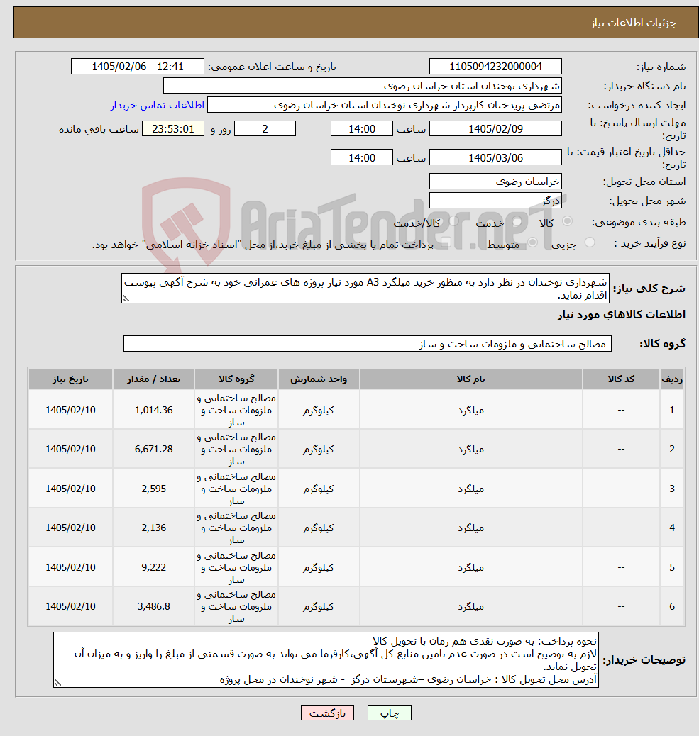 تصویر کوچک آگهی نیاز کالا-شهرداری نوخندان در نظر دارد به منظور خرید میلگرد A3 مورد نیاز پروژه های عمرانی خود به شرح آگهی پیوست اقدام نماید.