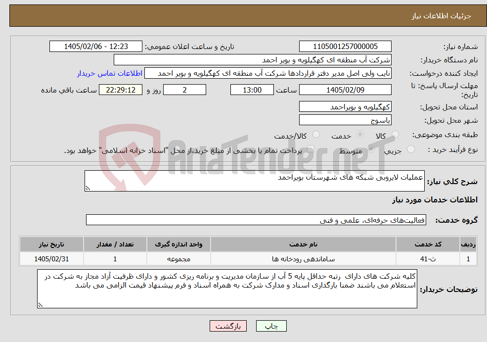تصویر کوچک آگهی نیاز خدمات-عملیات لایروبی شبکه های شهرستان بویراحمد