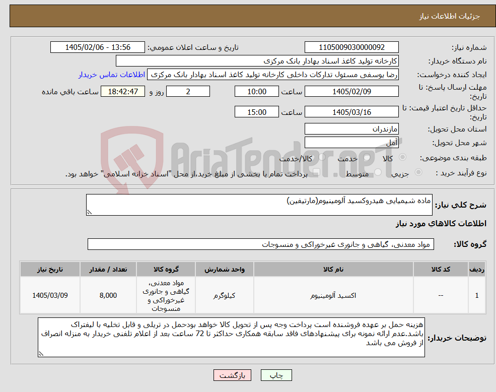 تصویر کوچک آگهی نیاز کالا-ماده شیمیایی هیدروکسید آلومینیوم(مارتیفین)