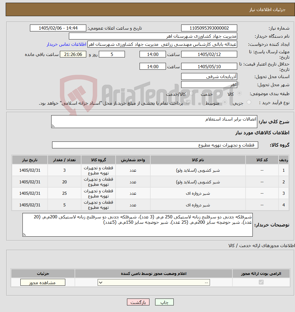 تصویر کوچک آگهی نیاز کالا-اتصالات برابر اسناد استعلام