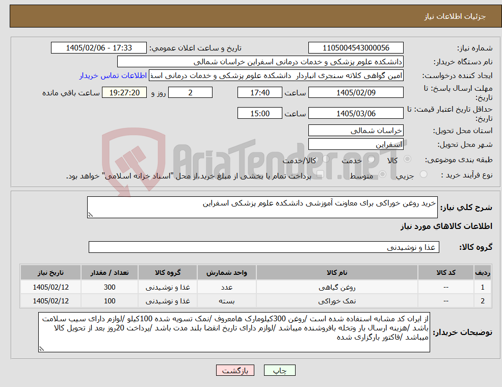 تصویر کوچک آگهی نیاز کالا-خرید روغن خوراکی برای معاونت آموزشی دانشکده علوم پزشکی اسفراین 