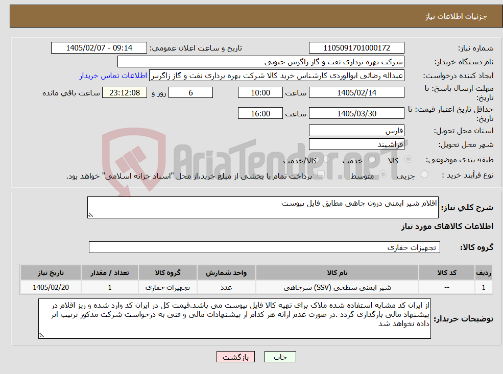 تصویر کوچک آگهی نیاز کالا-اقلام شیر ایمنی درون چاهی مطابق فایل پیوست